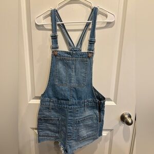 Madewell Women Blue Cotton Frayed Hem Shorts Denim Overalls Size Medium